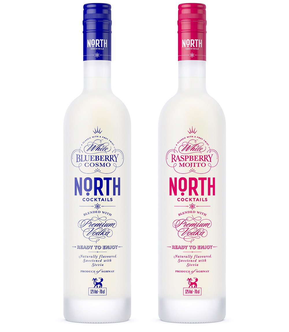 North cocktails premium vodka hvit blåbær bringebær flaske bottle white blueberry cosmo raspberry mojito