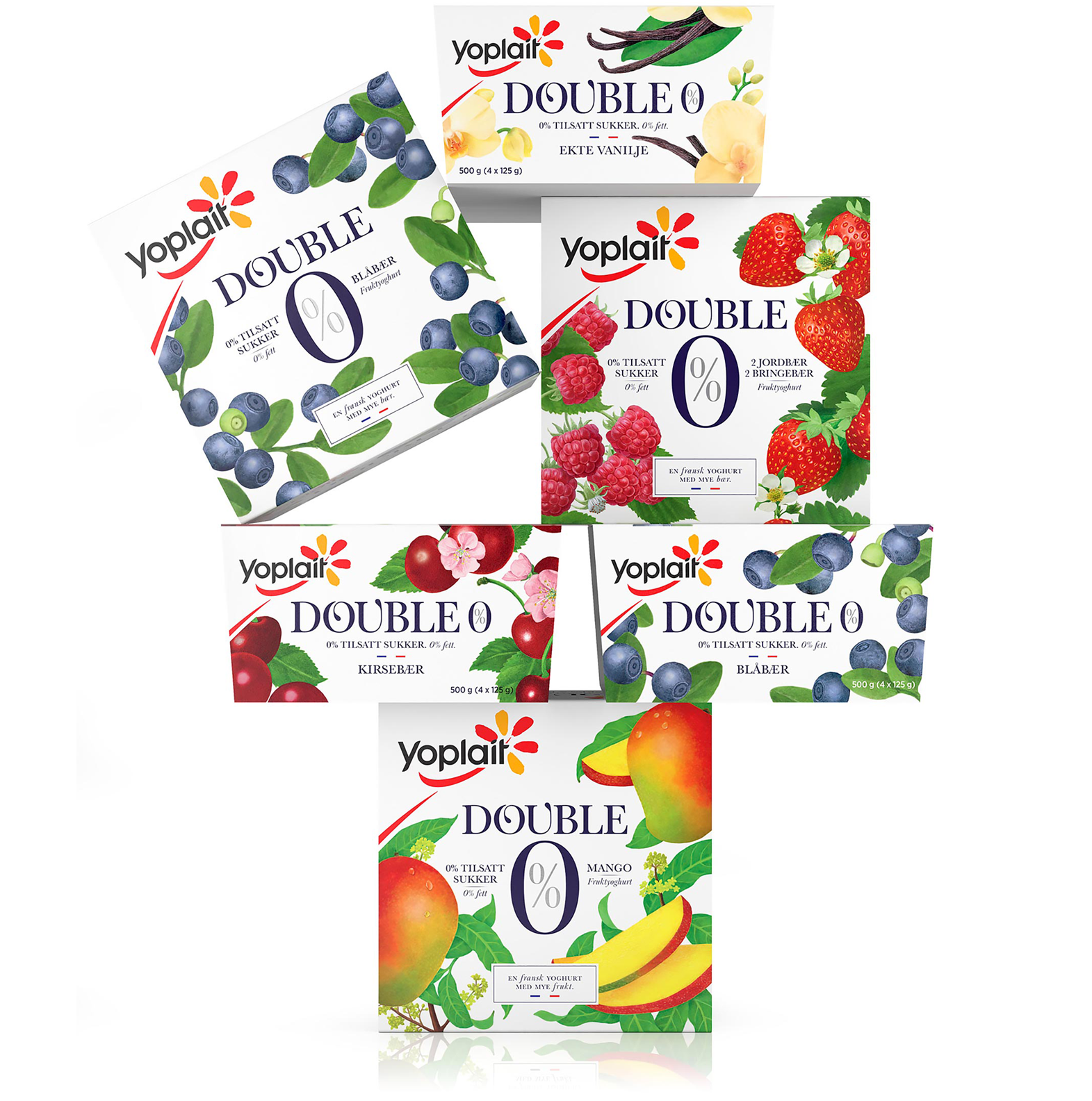 Yoplait Double 0% yoghurt Kirsebær, ekte vanilje, blåbær, jordbær, bringebær, mango. Emballasje packaging design.