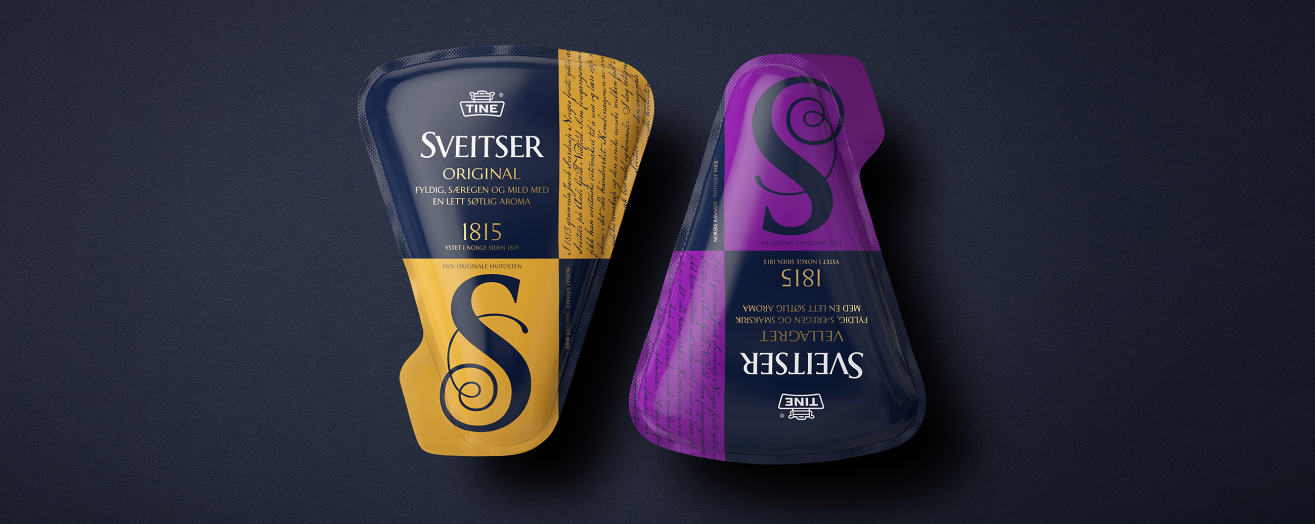 Tine OsteCompagniet Sveitser orginal og vellagret swiss cheese. Emballasje packaging design.