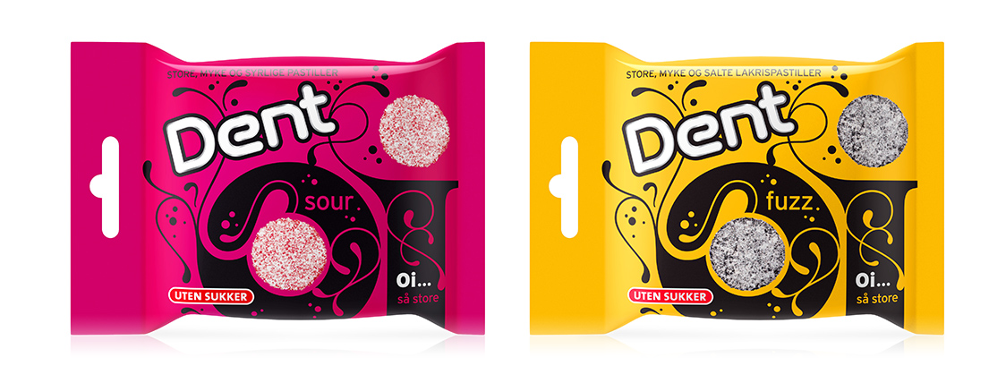 Dent Oi sour og fuzz pastiller. Mint. Emballasje packaging design.