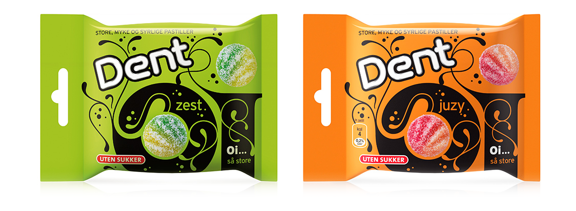 Dent Oi zest og juzy pastiller. Mint. Emballasje packaging design.