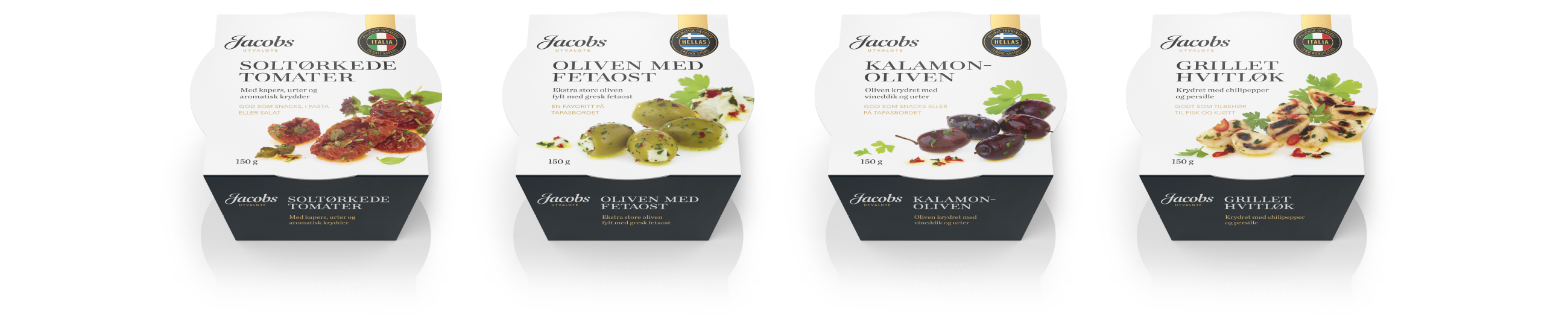 Jacobs Utvalgte produkter Soltørkede Tomater, Oliven med Fetaost, Kalamonoliven og Grillet Hvitløk. Emballasje packaging design.