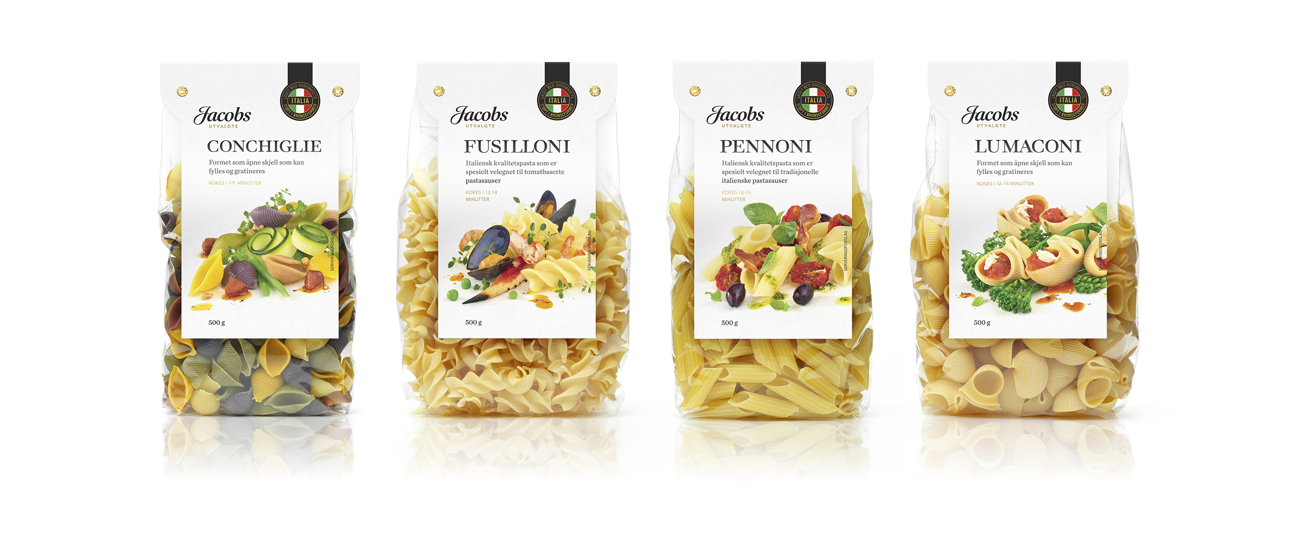 Jacobs utvalgte design pasta pakningsdesign produktserie Strømme Throndsen Design. Emballasje packaging design.