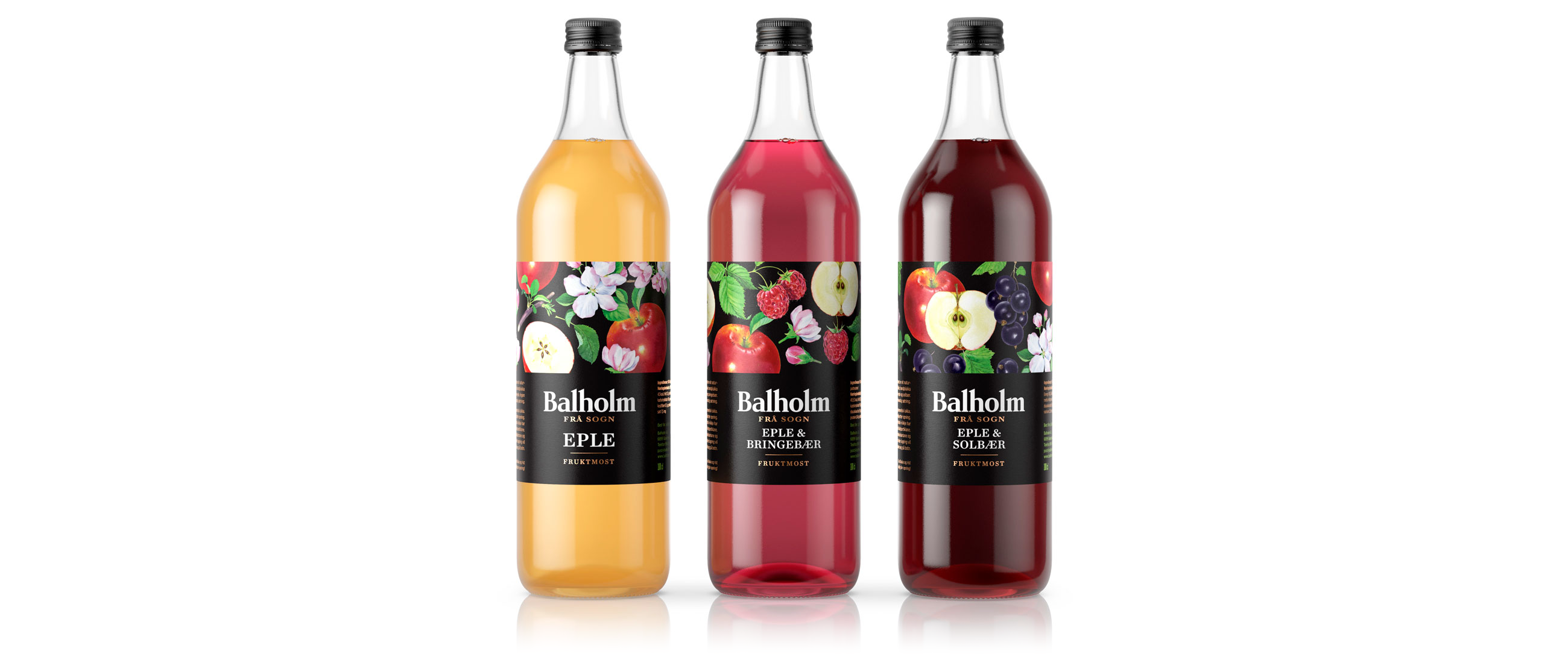 Balholm Fruktmost fresh juice bottles flasker. Emballasje packaging design.
