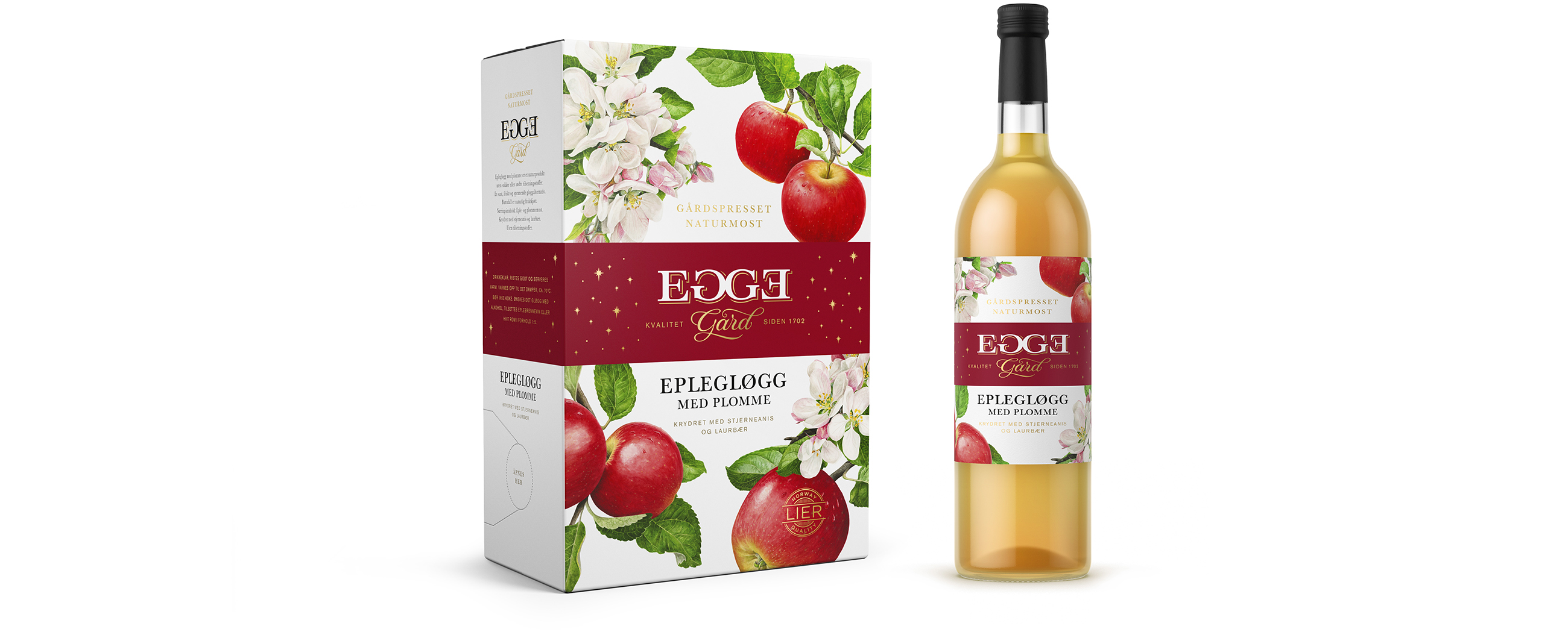Egge Gård eplegløgg med plomme, apple mulled wine with plum. Emballasje packaging design.