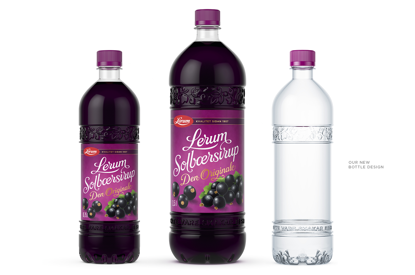Lerum Solbærsirup flasker blackcurrant syrup bottles. Emballasje packaging design.
