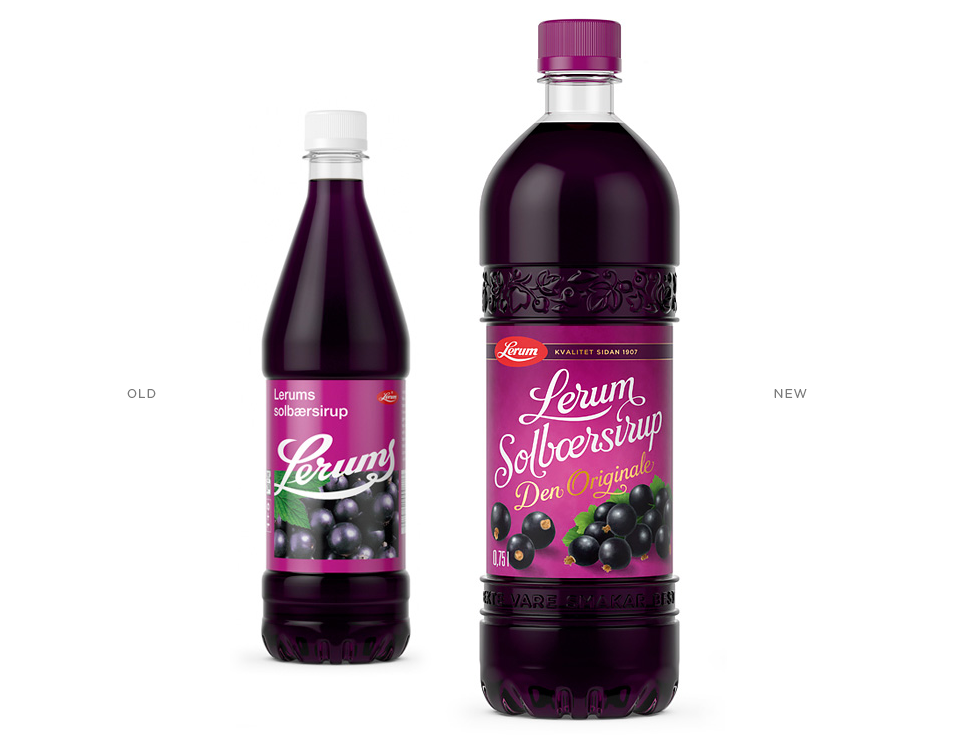 Lerum Solbærsirup blackcurrant syrup før og etter before and after. Emballasje packaging design.