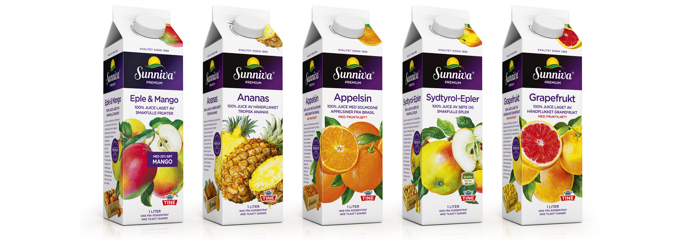 Tine Sunniva juice Eple & Mango, Ananas, Appelsin, Sydtyrol-Epler, Grapefrukt. Emballasje packaging design.