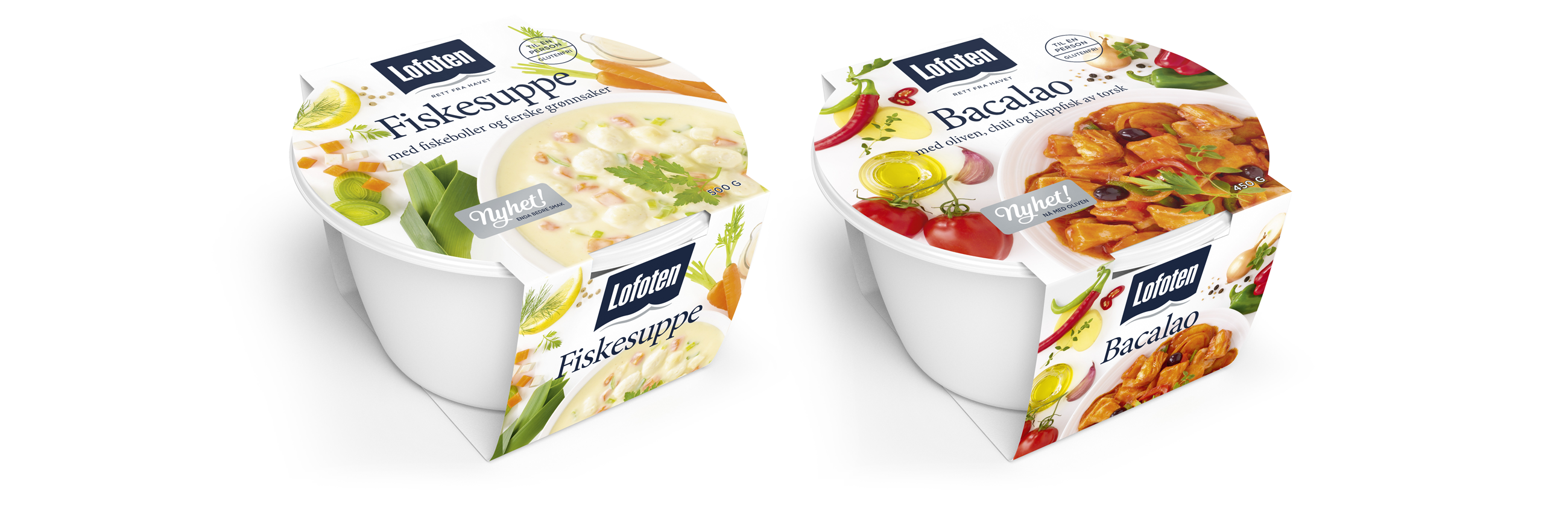 Lofoten Fiskesuppe og Bacalao. Emballasje packaging design.