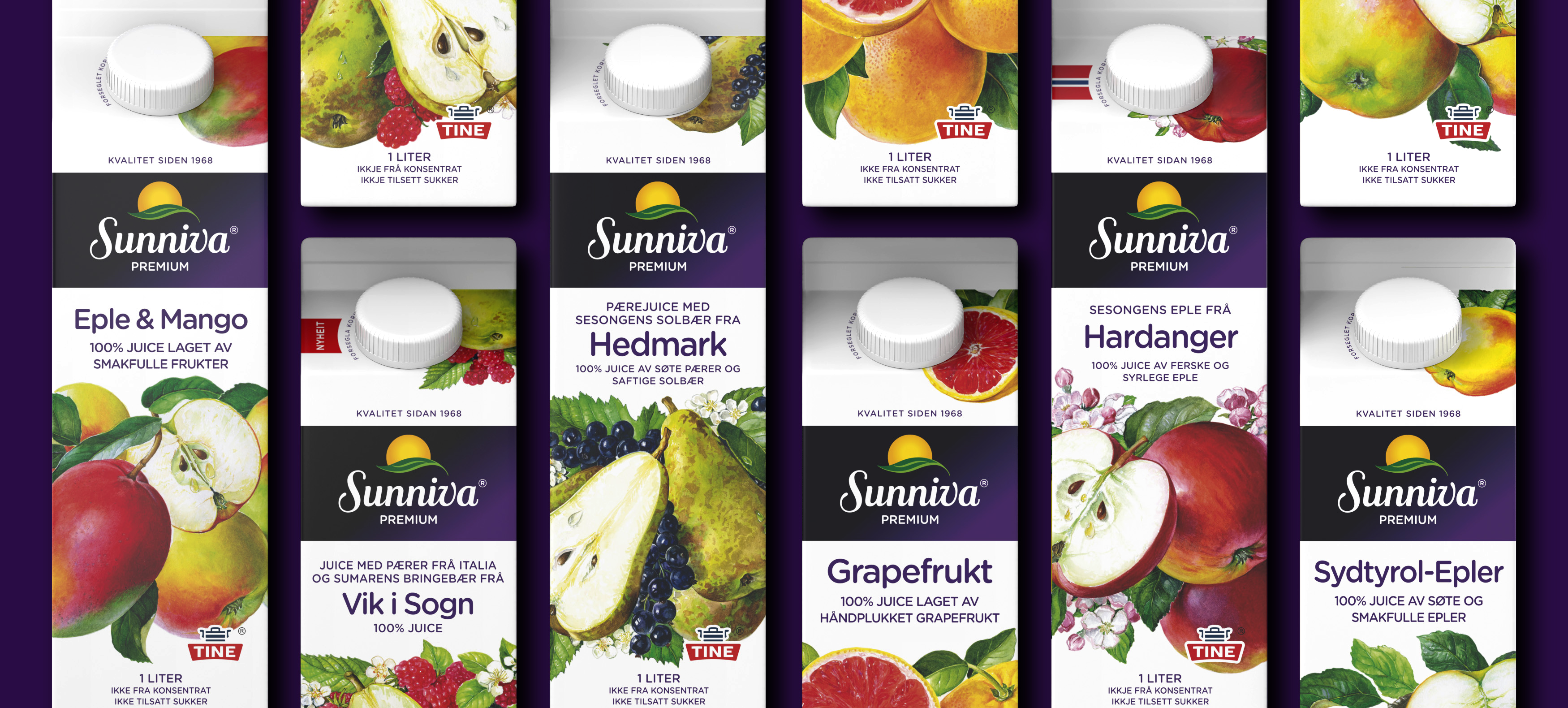 Tine Sunniva juice Eple & Mango, Vik I Sogn, Hedmark, Grapefrukt, Hardanger, Sydtyrol-Epler. Emballasje packaging design.