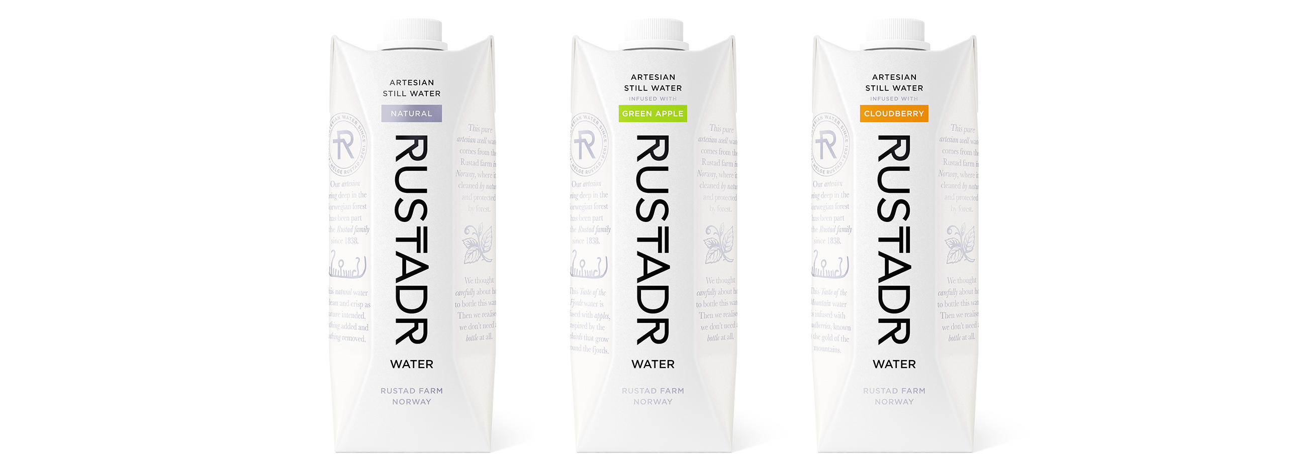 RustadR Artesian water artesisk vann natural, green apple og cloudberry. Emballasje packaging design.
