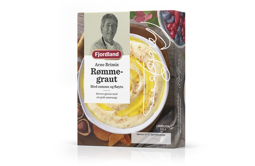 Fjordland Arne Brimi rømmegraut sour cream porridge. Emballasje packaging design.