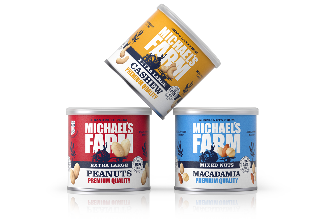 Brynild Michael's Farm Macadamia, peanuts and cashew box boks. Emballasje Packaging design.