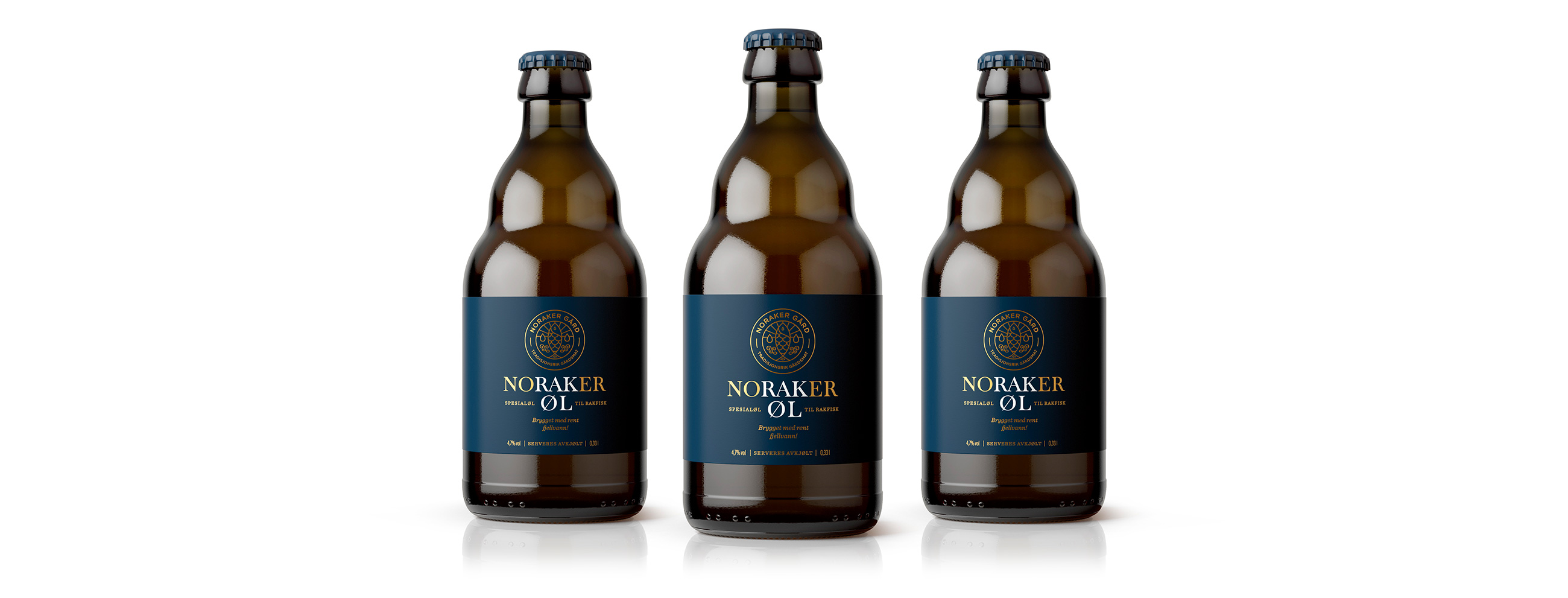 Noraker gård rakfisk øl beer bottles flasker. Emballasje packaging design.