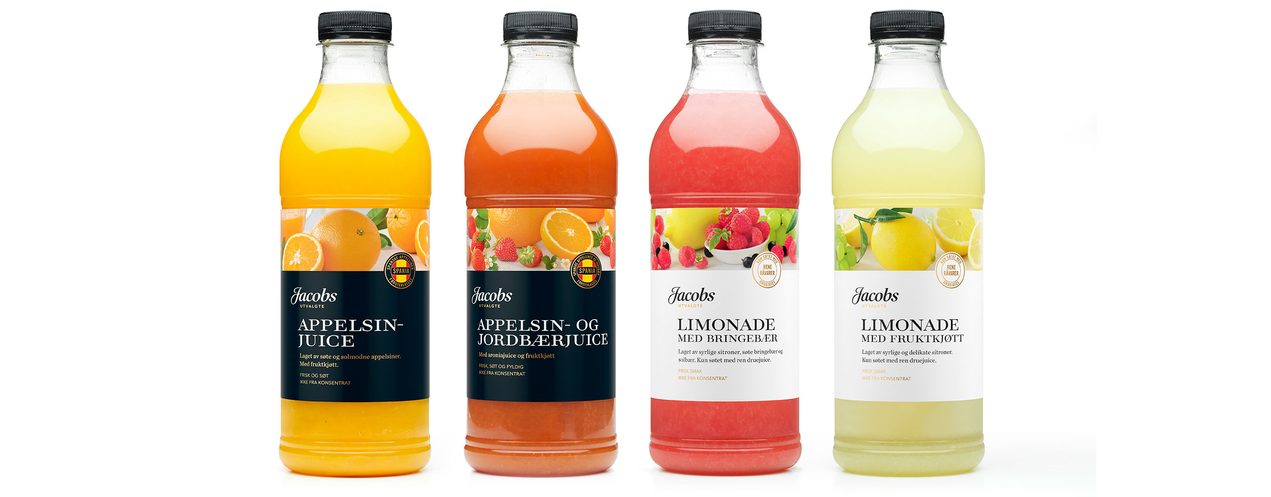 Jacobs Utvalgte appelsinjuice, Appelsin- og Jordbærjuice og Limonade. Emballasje packaging design.
