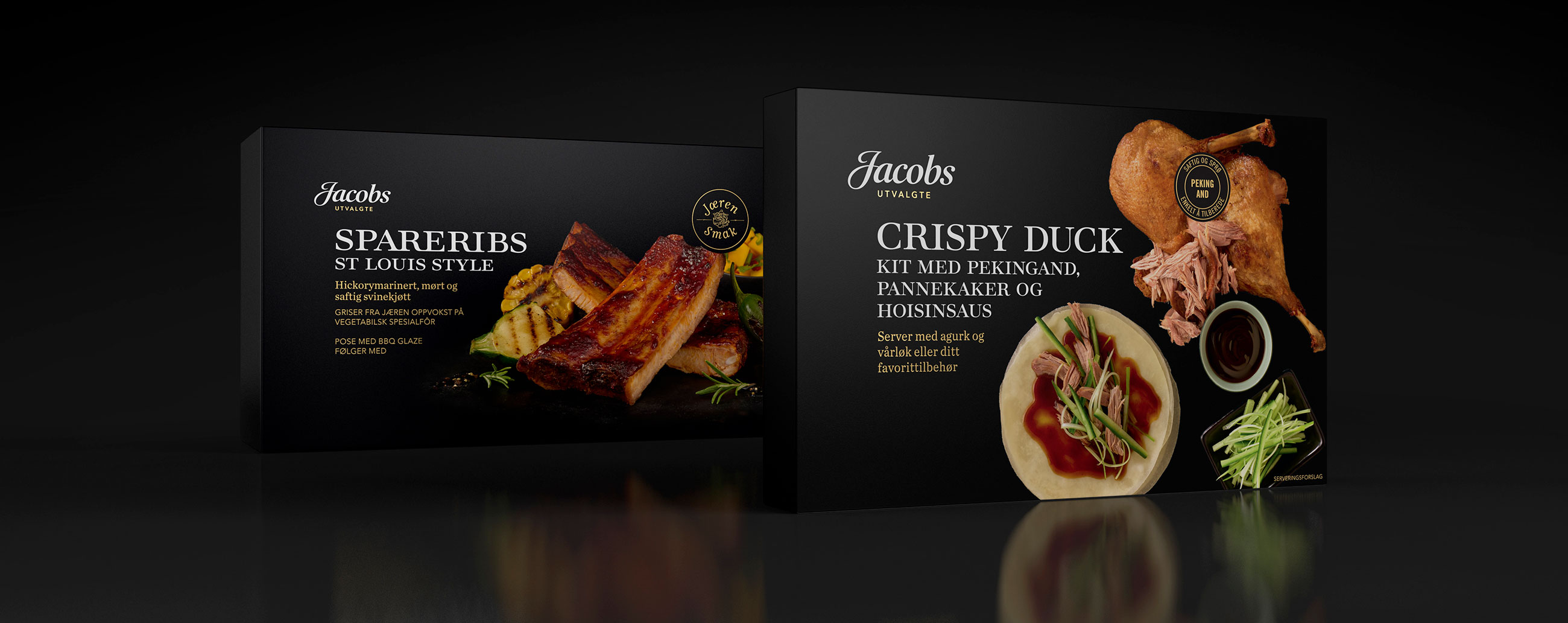 Jacobs Utvalgte Spareribs og Crispy Duck. Emballasje packaging design.