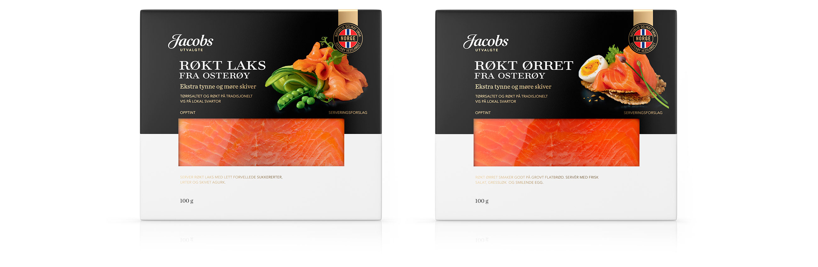 Jacobs Utvalgte Røkt Laks og Røkt Ørret pakningsdesign. Emballasje packaging design.