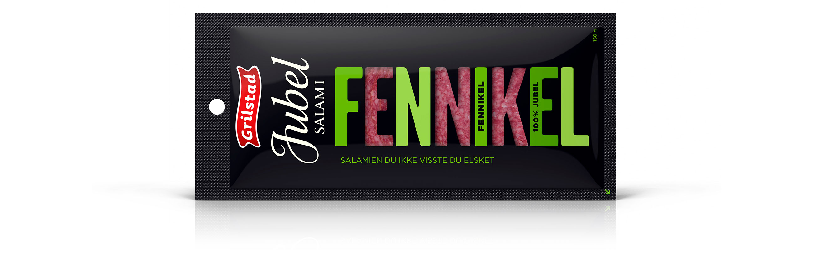 Grillstad Jubel salami Fennikel. Emballasje packaging design.
