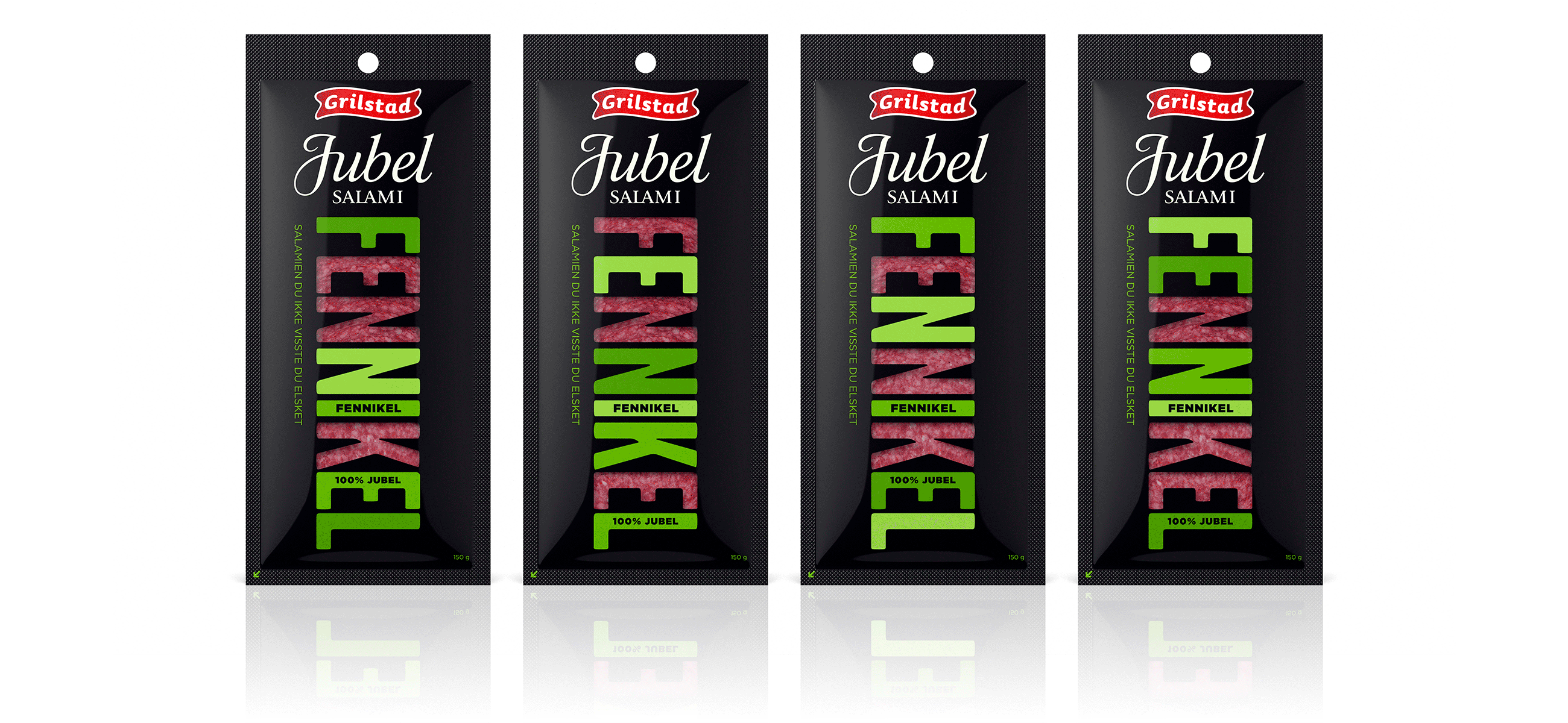 Grillstad Jubel salami Fennikel. Emballasje packaging design.