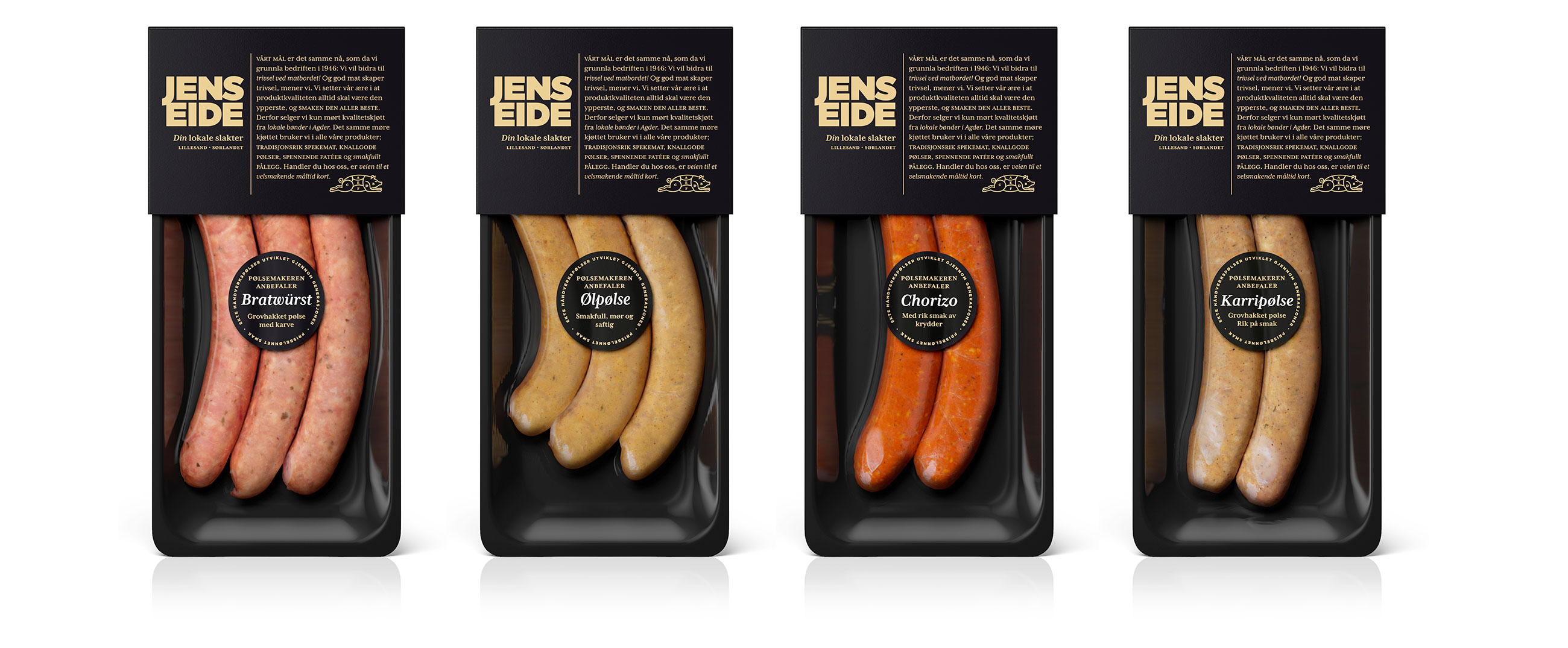 Jens Eide slakter butcher pølser sausages, bratwürst, ølpølse, chorizo, karripølse. Emballasje packaging design.