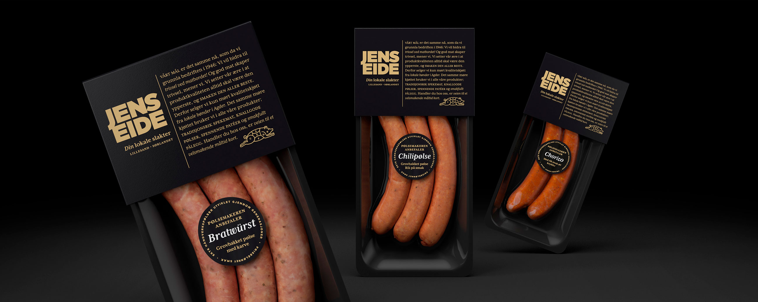 Jens Eide slakter butcher pølser sausages, bratwürst, chillipølse, chorizo. Emballasje packaging design.