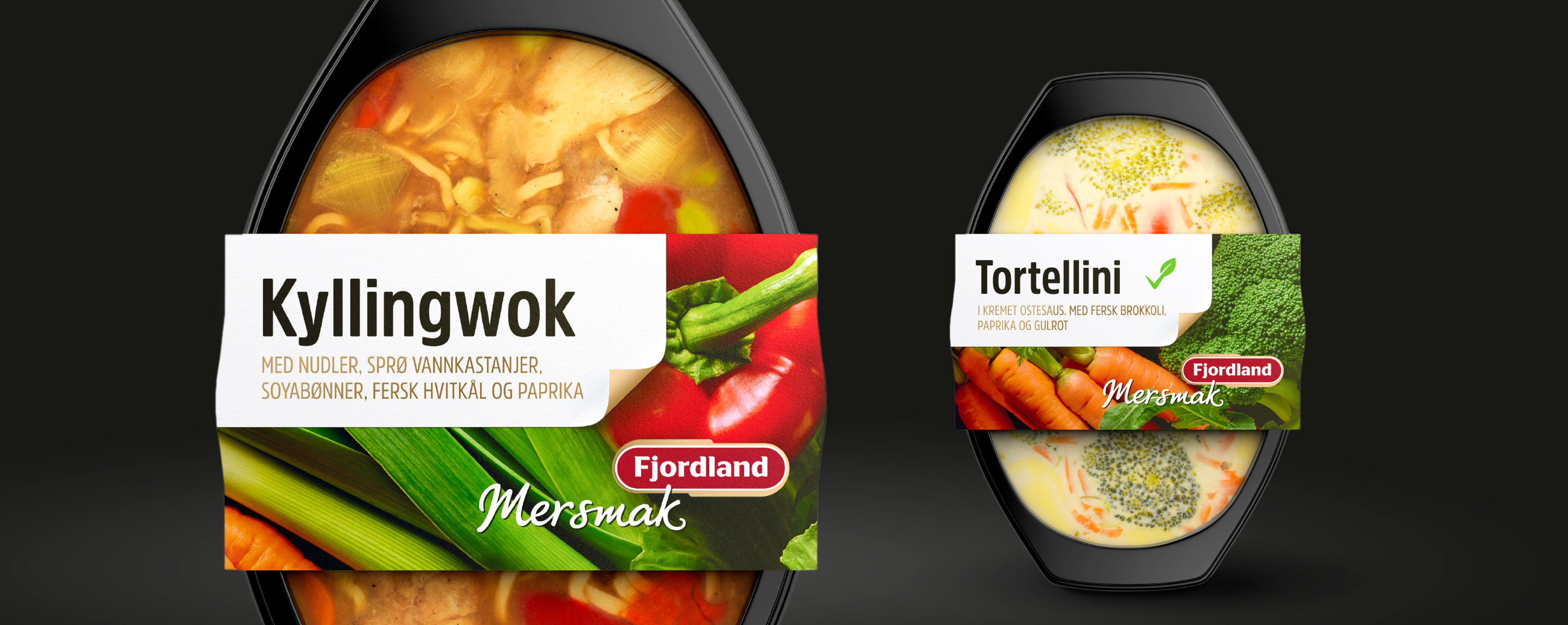 Fjordland Mersmak kyllingwok og tortellini. Emballasje packaging design.