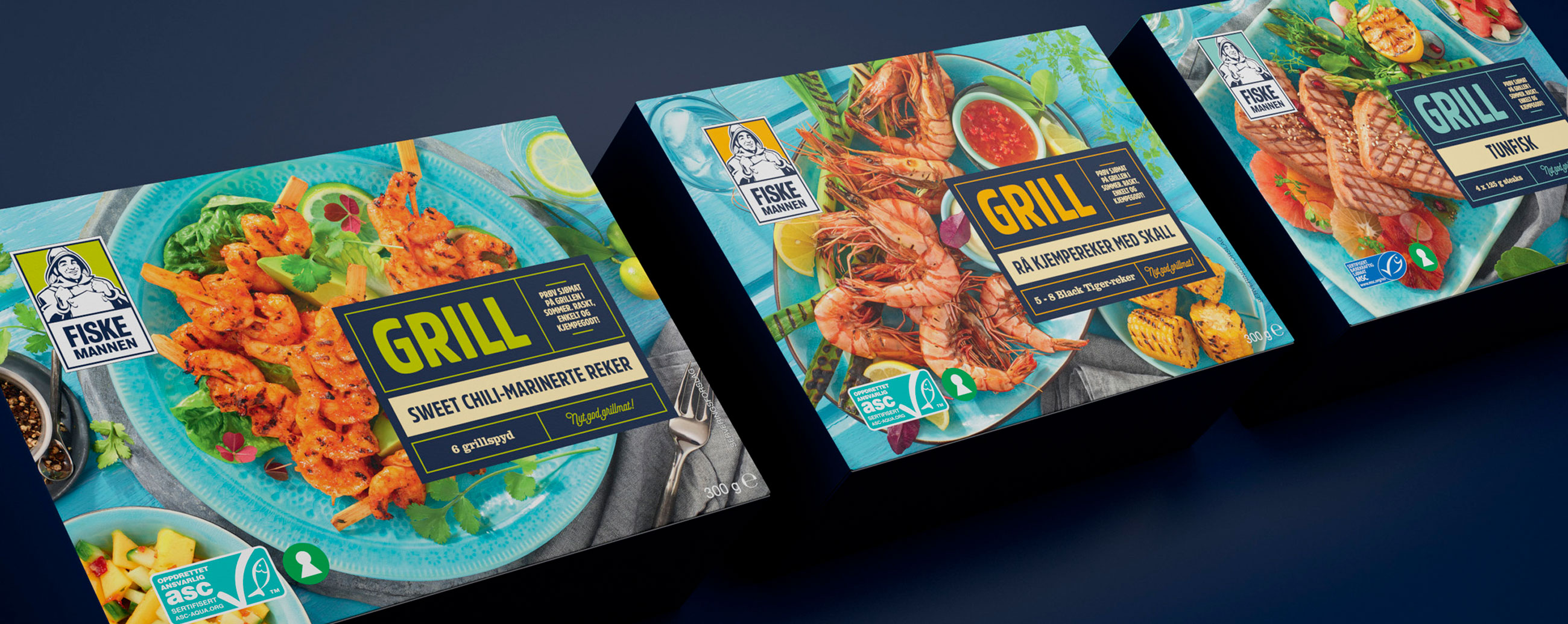 Fiskemannen Grill Sweet chili marinerte reker, rå kjempereker med skall og tunfisk. Emballasje packaging design.