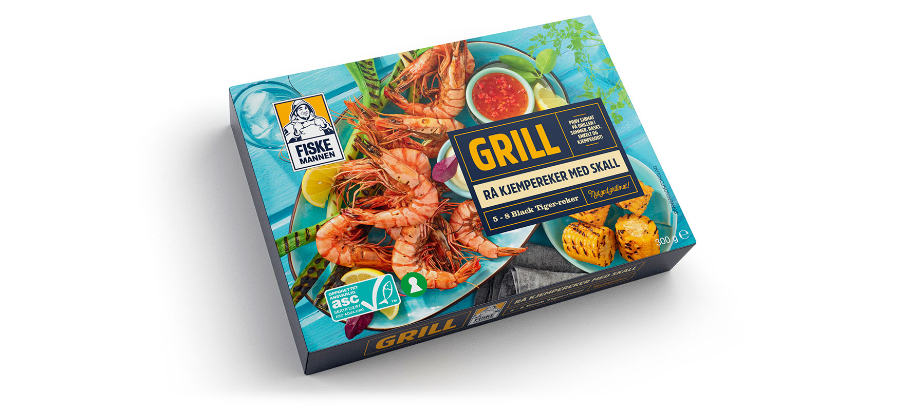 Fiskemannen Grill Rå kjempereker med skall, raw giant shrimp with shell. Emballasje packaging design.