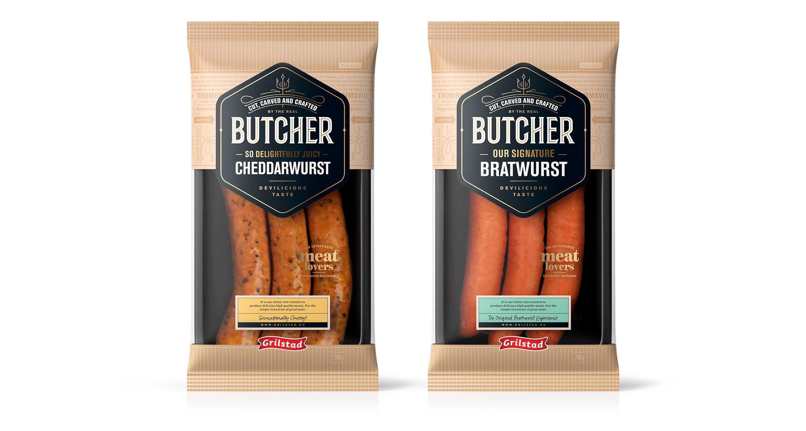 Grilstad Butcher Cheddarwurst og bratwurst. Emballasje packaging design.