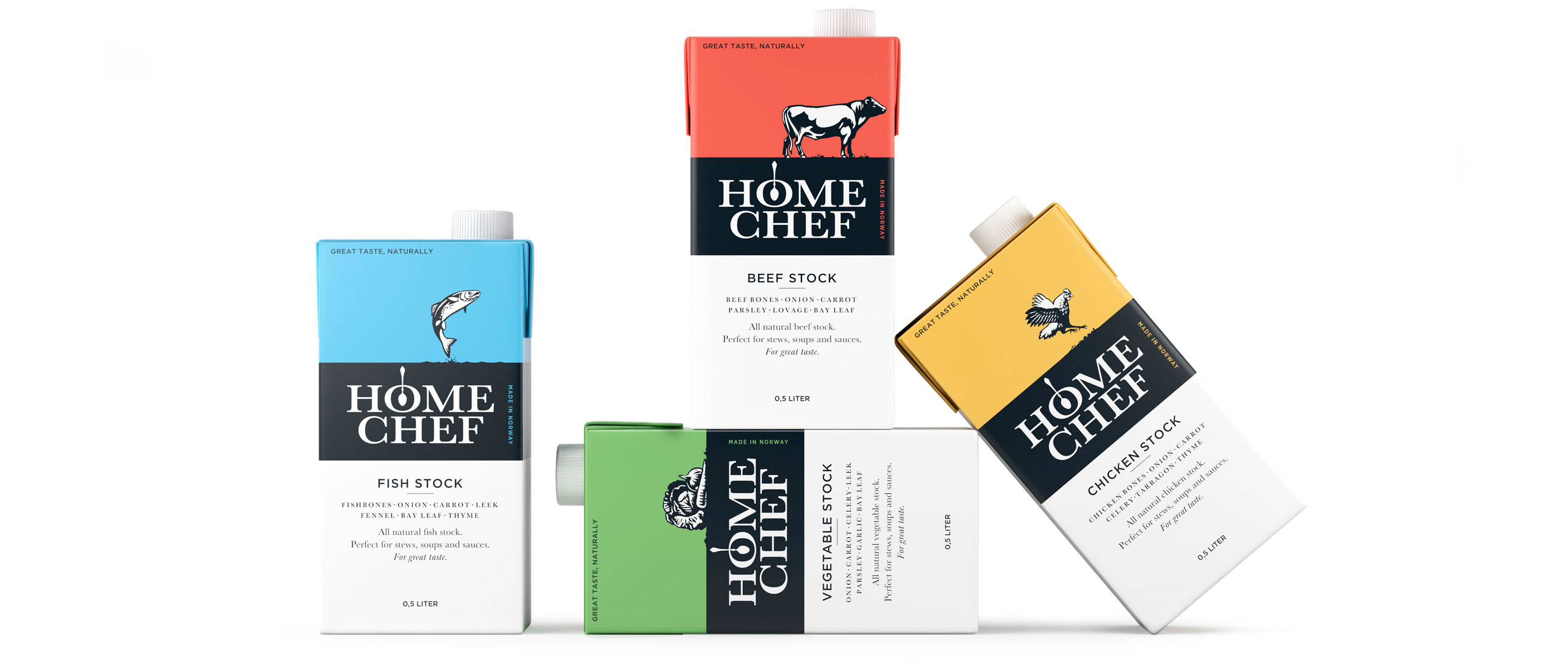 Salsus Home Chef broth Kraft vegetable, fish, beef & chicken stock. Emballasje packaging design.