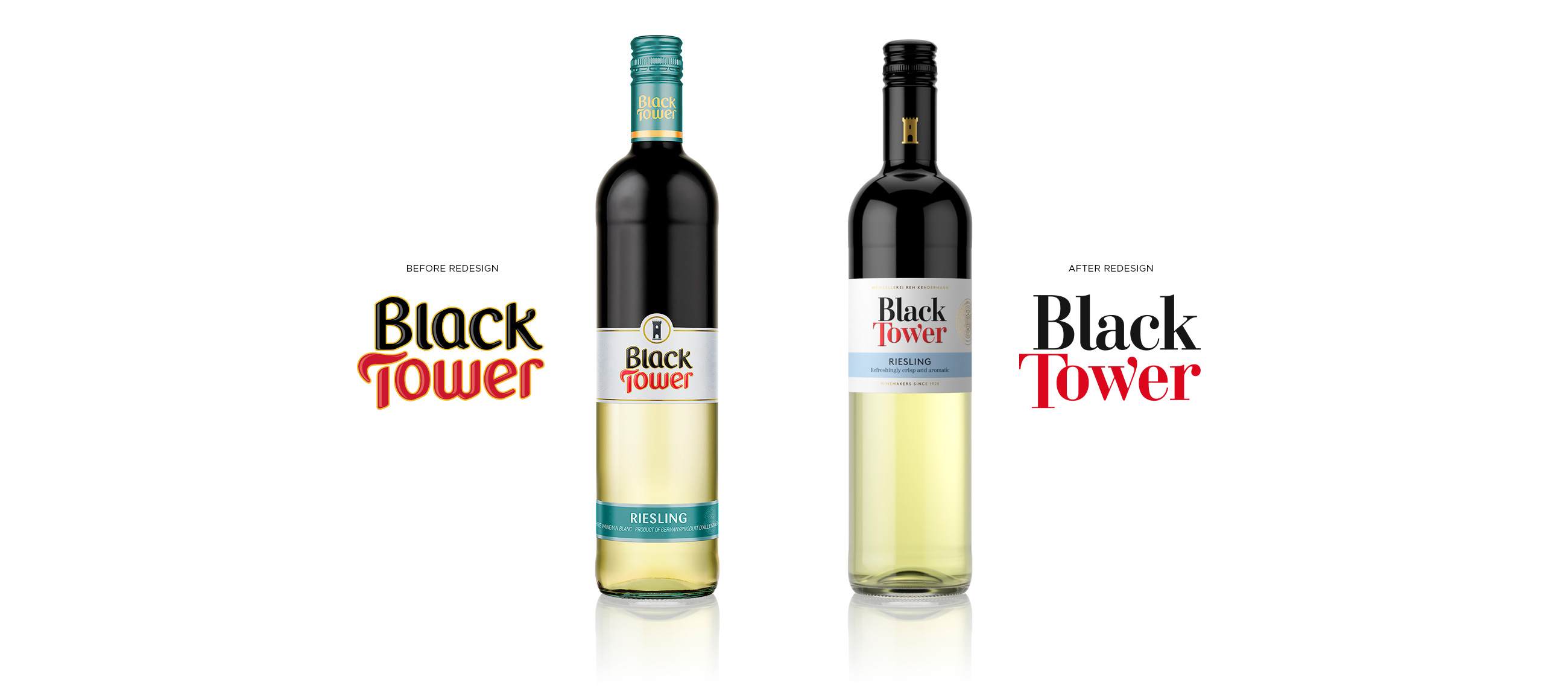 Black Tower old versus new logo and packaging bottle design