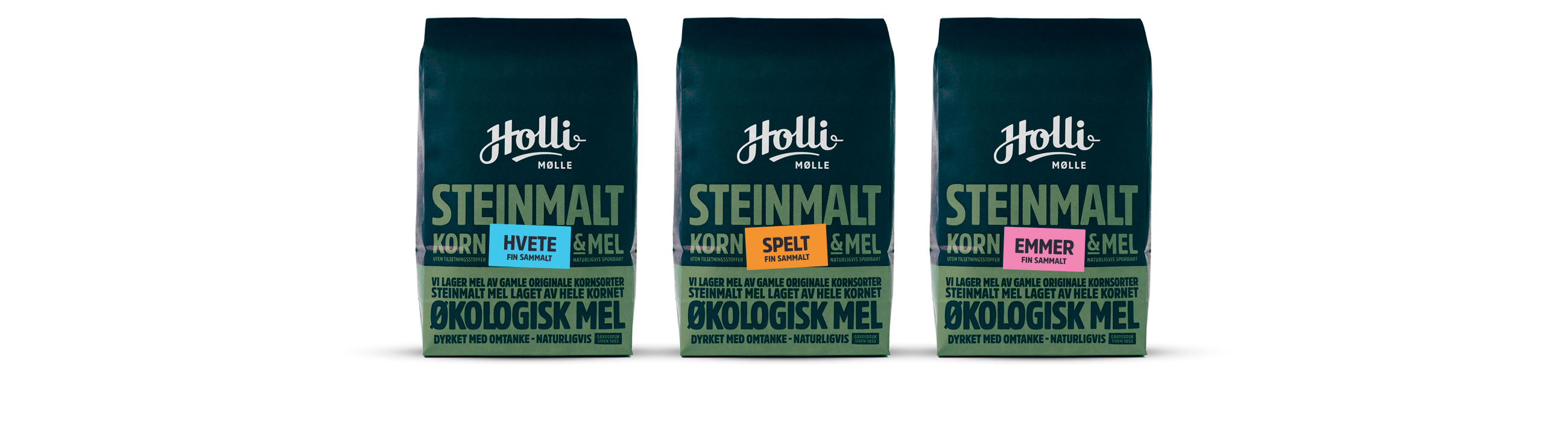 Holli Mølle fin sammalt hvete, spelt og emmer. Emballasje packaging design.
