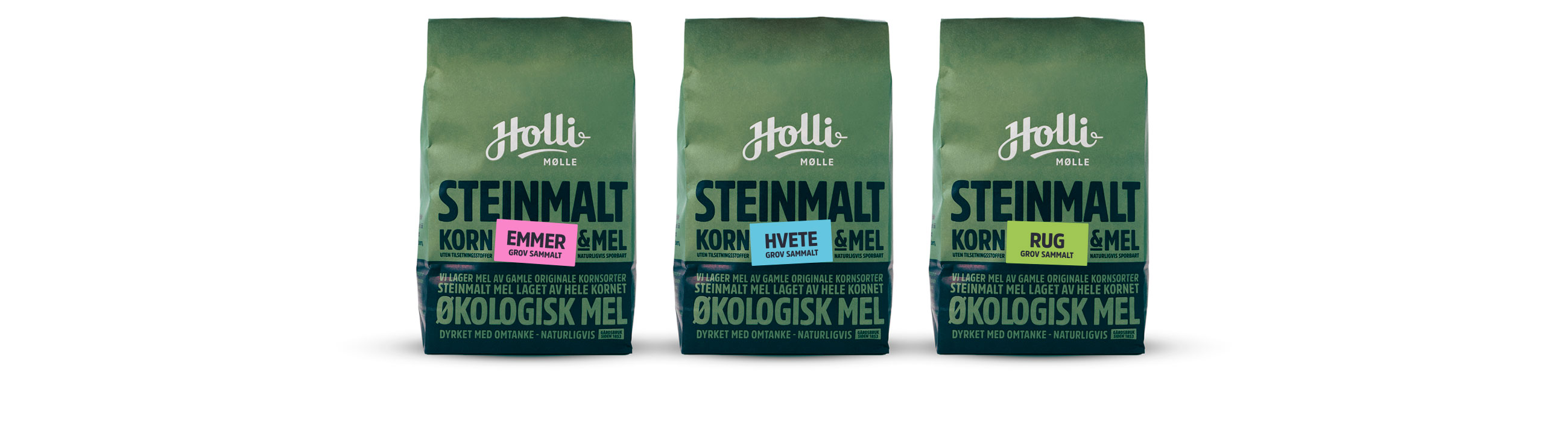 Holli Mølle grov sammalt hvete, rug og emmer. Emballasje packaging design.