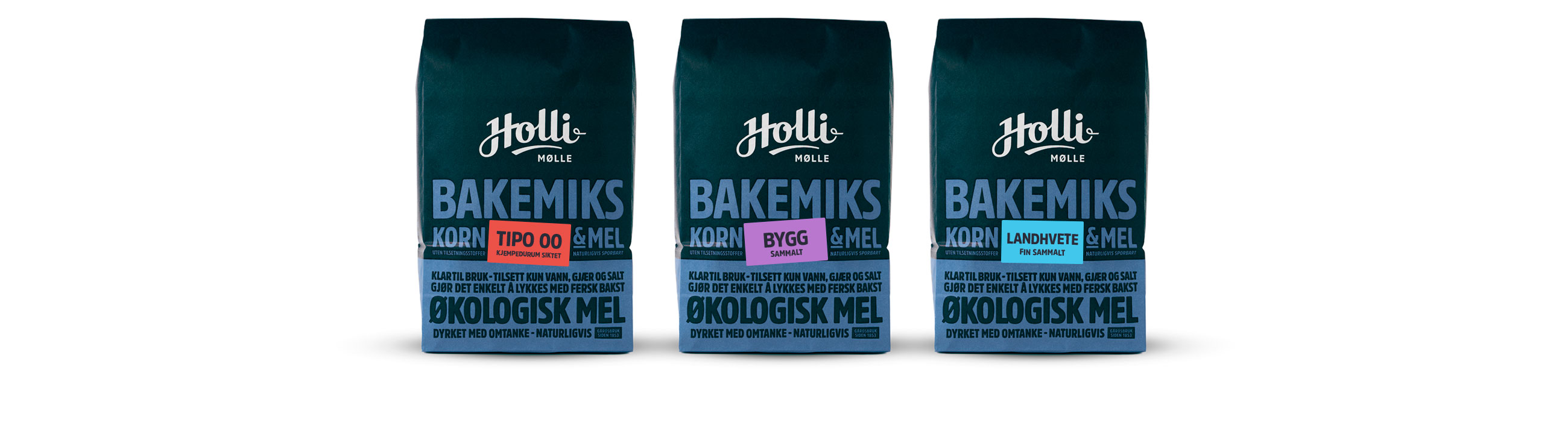 Holli Mølle Bakemiks, Tipo 00, bygg og landhvete. Emballasje packaging design.