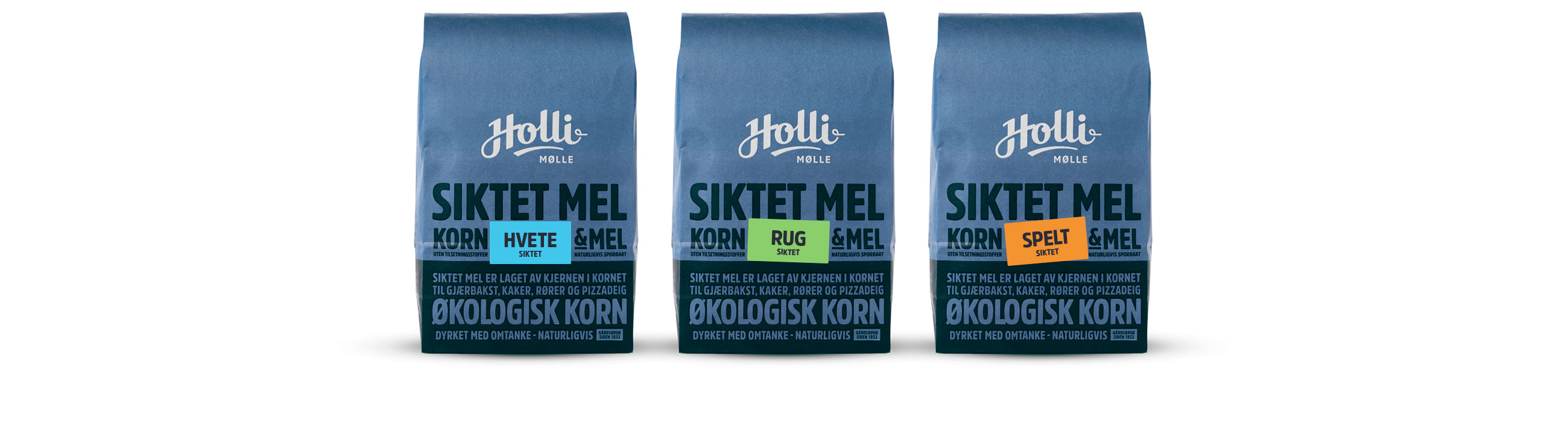 Holli Mølle Siktet mel, hvete, rug og spelt. Emballasje packaging design.