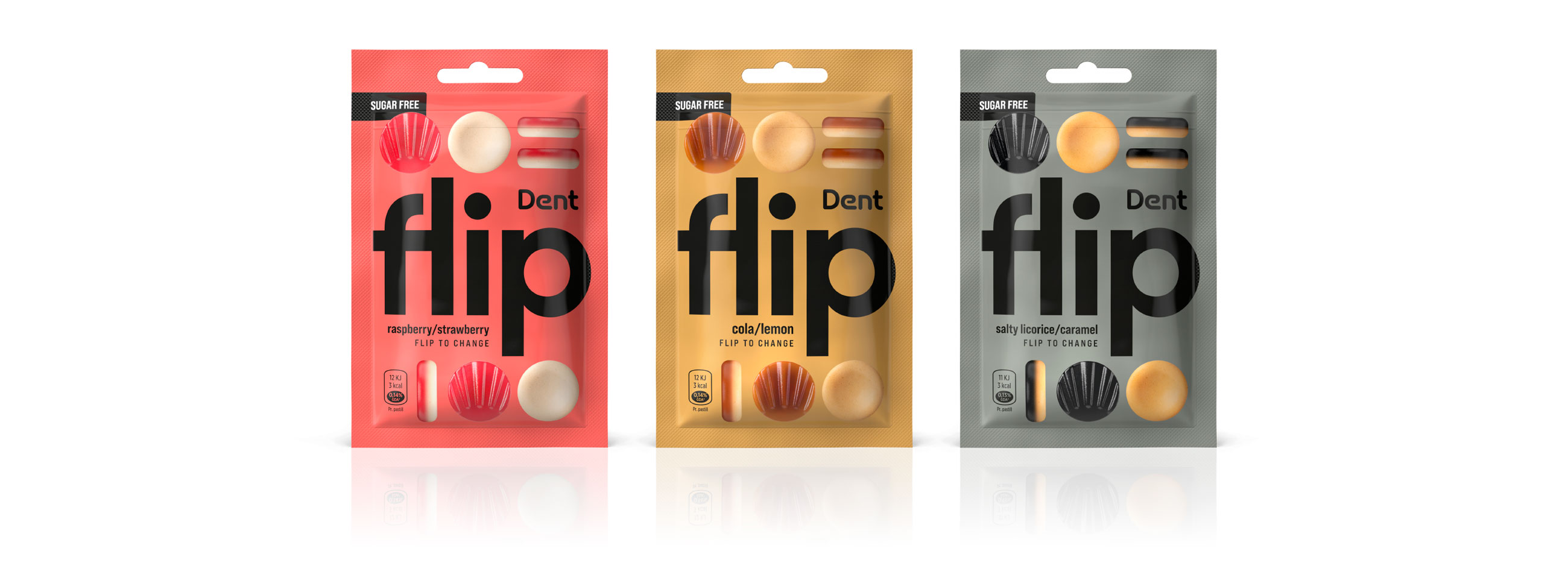 Dent Flip pakningsdesign, packaging design, product range