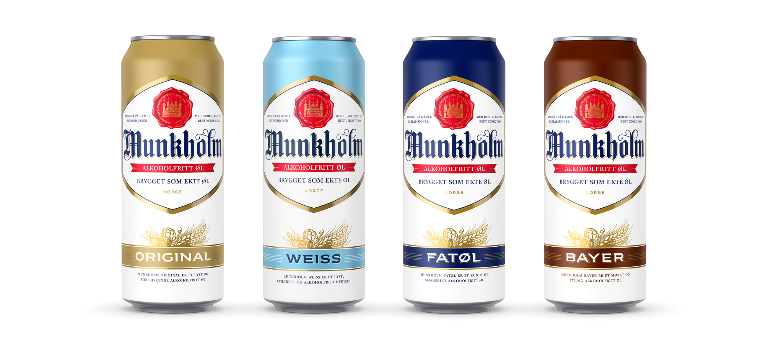 Ringnes Munkholm alkoholfritt øl original, weiss, fatøl, bayer, pakningsdesign, emballasje