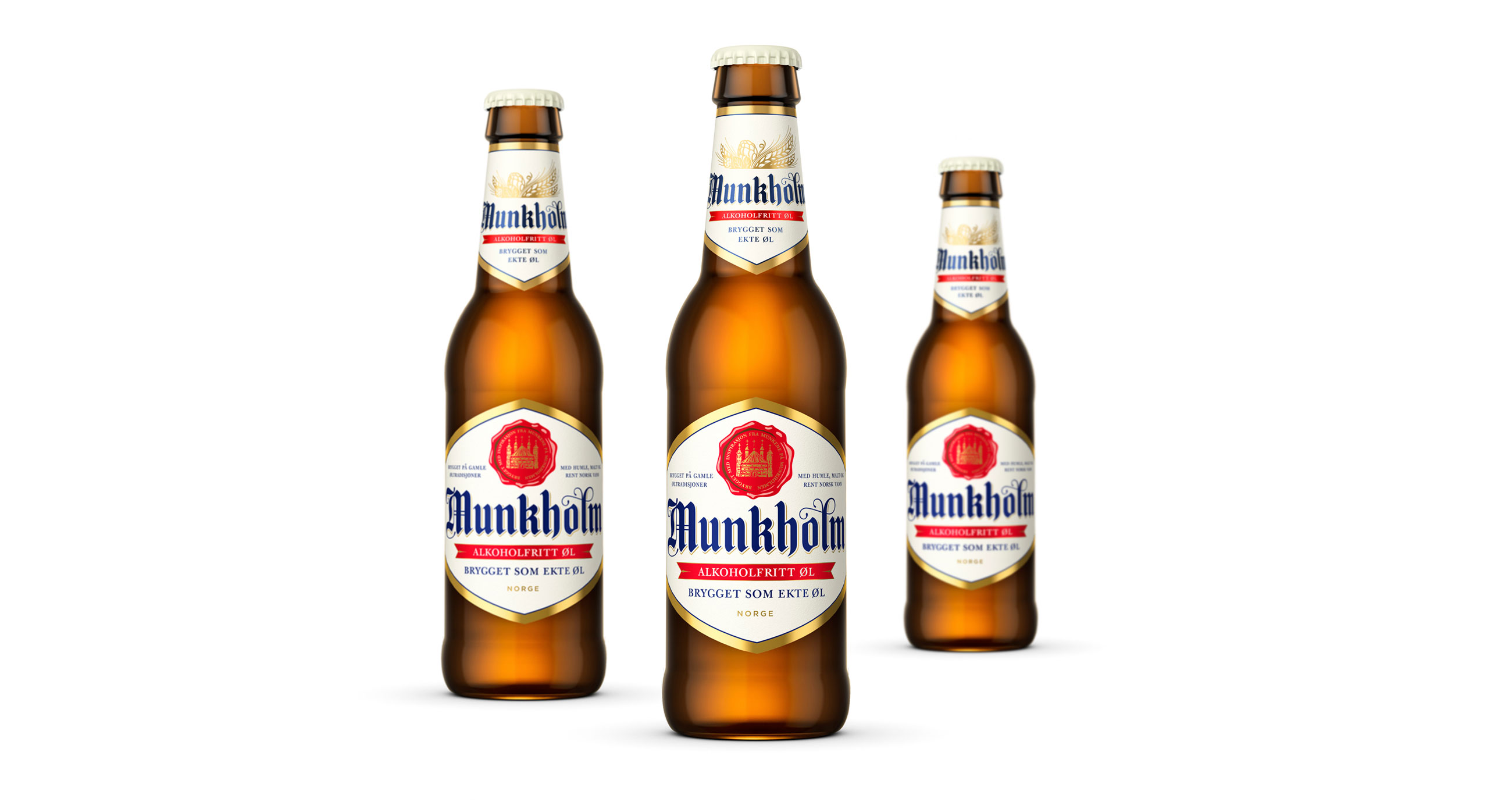 Ringnes Munkholm alkoholfritt øl alkohol free beer glass flaske bottle. Emballasje packaging design.