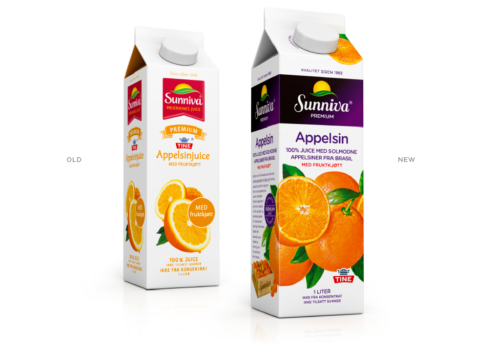 Tine Sunniva appelsinjuice orange juice before and after før og etter. Emballasje packaging design.