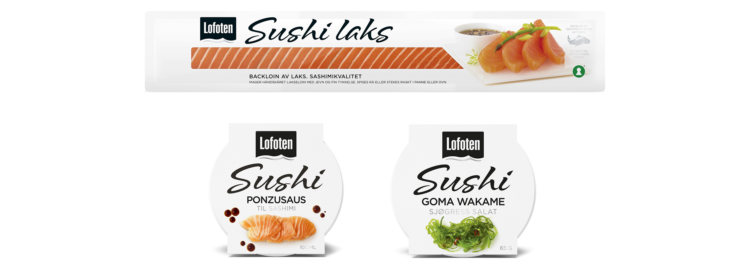 Lofoten Sushi laks, ponzusaus, goma wakame. Emballasje packaging design.