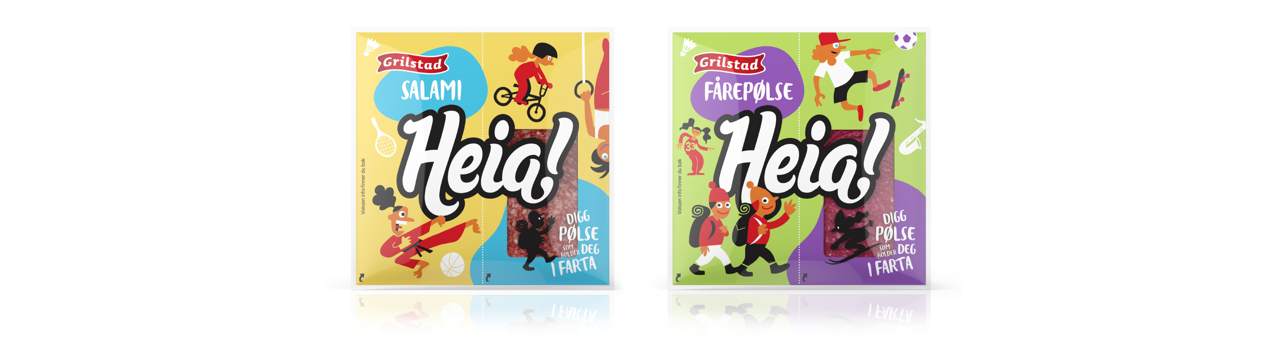 Grilstad Salami og Fårepølse for barn. Salami range for kids. Emballasje packaging design.