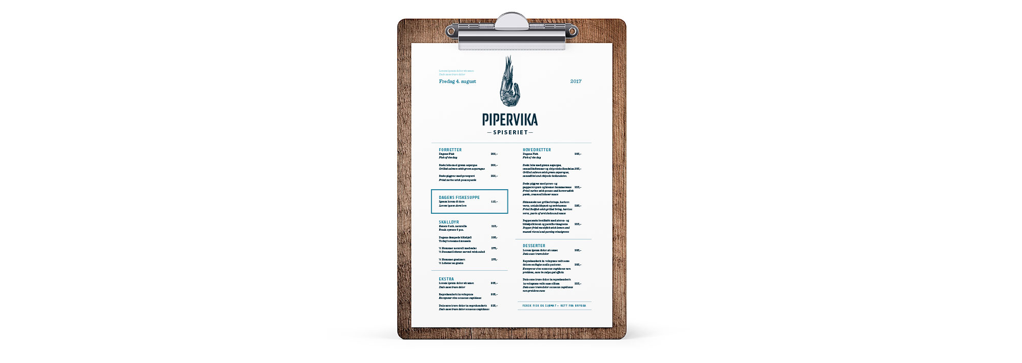 Pipervika spiseriet seafood restaurant sjømat restaurant menu meny. Visuell identitet visual identity.