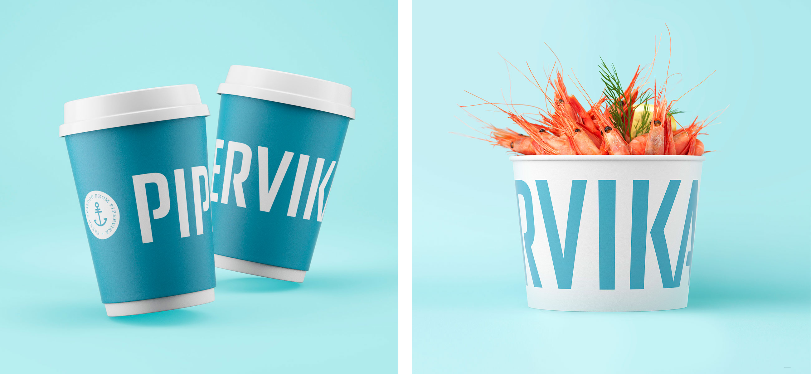 Pipervika seafood restaurant sjømat restaurant beger box kopp cup. Visuell identitet visual identity.