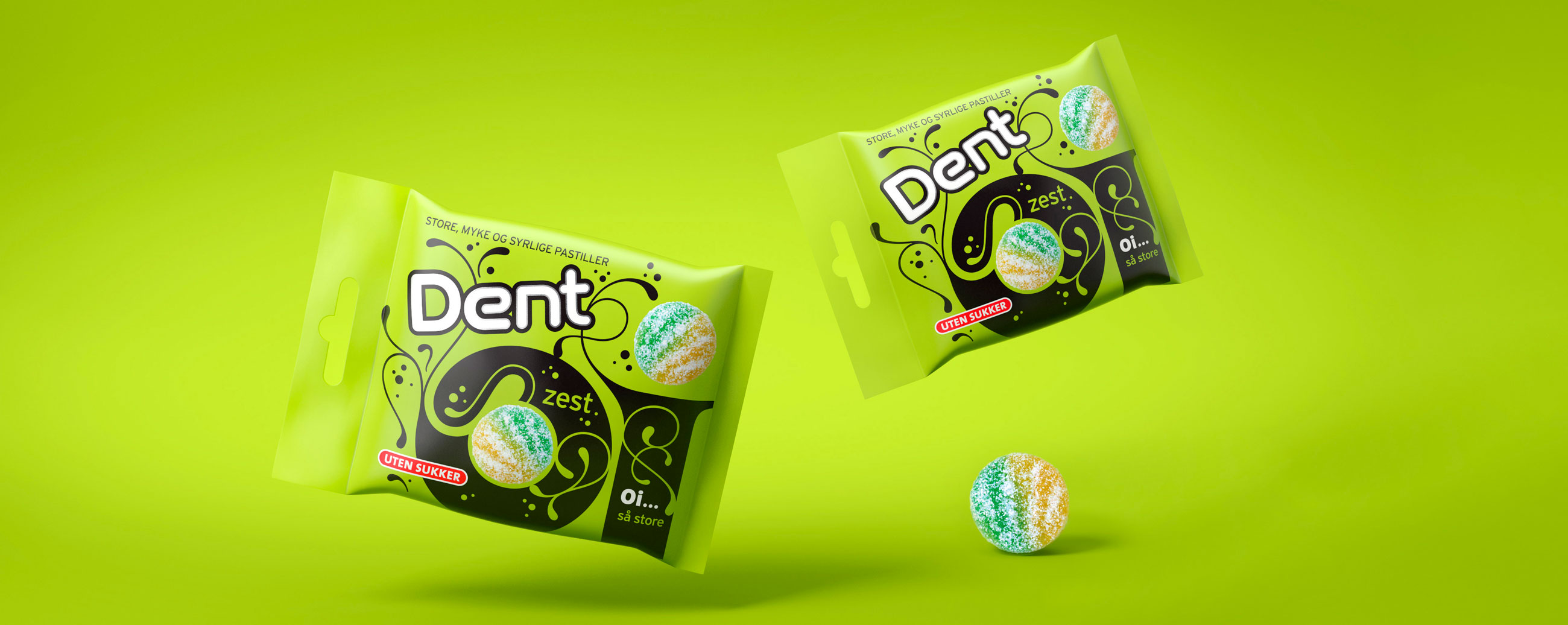 Dent Oi zest pastiller. Mint. Emballasje packaging design.