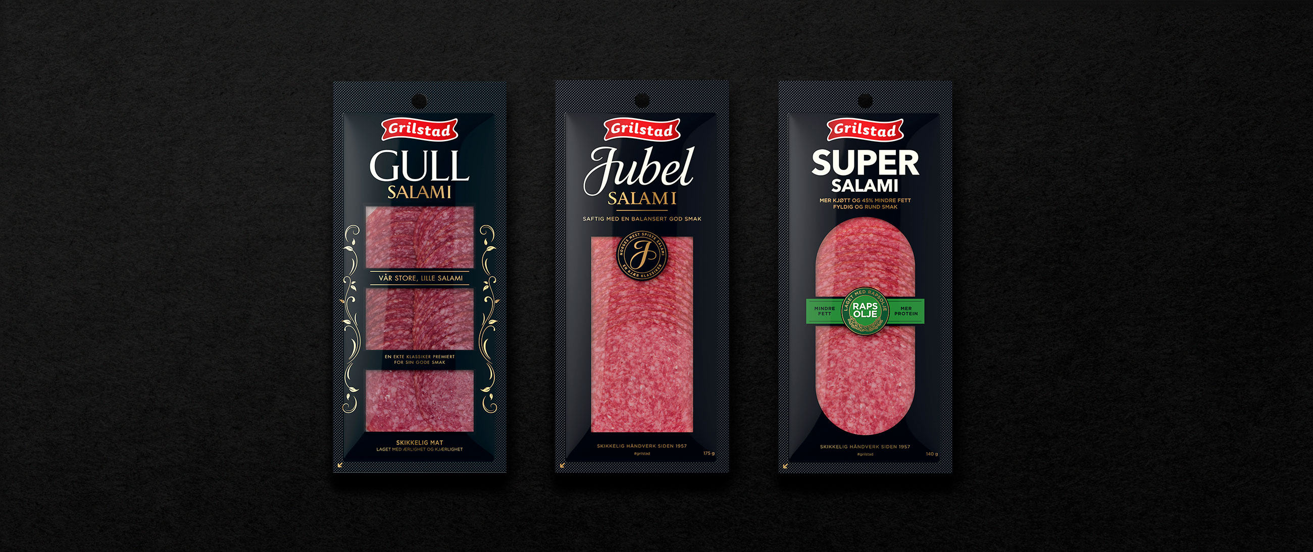 Grilstad Gull salami, jubel salami og super salami emballasje packaging design