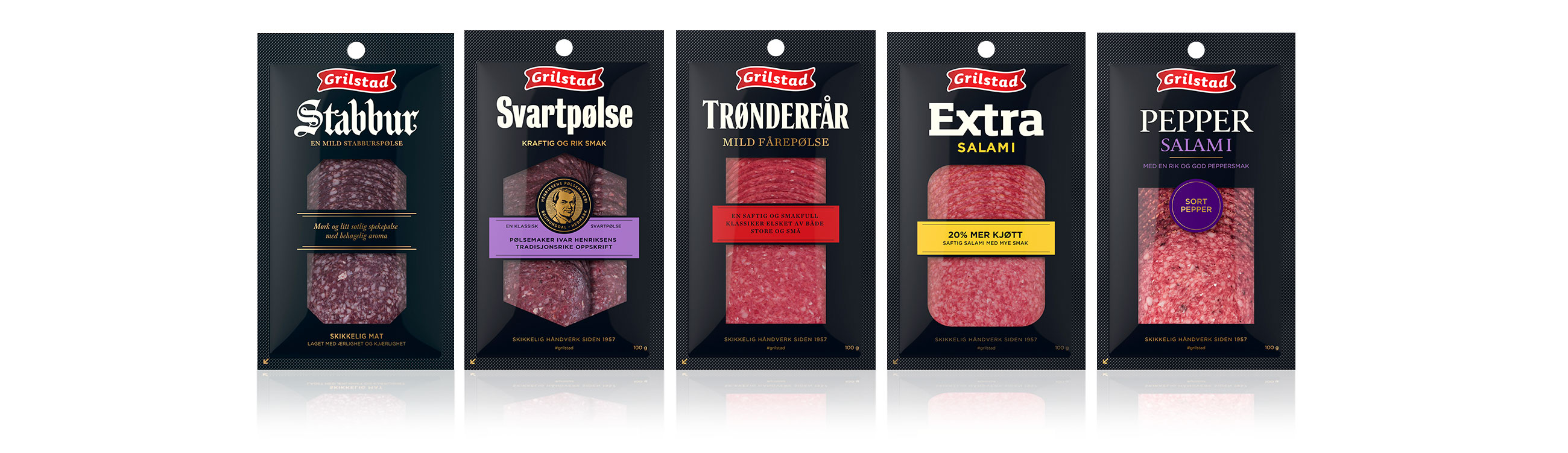 Grilstad Stabbur, Svartpølse, Trønderfår, Extra salami og Pepper salami emballasje curated meat packaging design