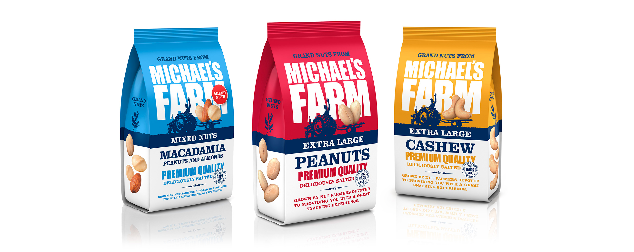 Brynild Michael's Farm Macadamia, peanuts and cashew. Emballasje Packaging design.