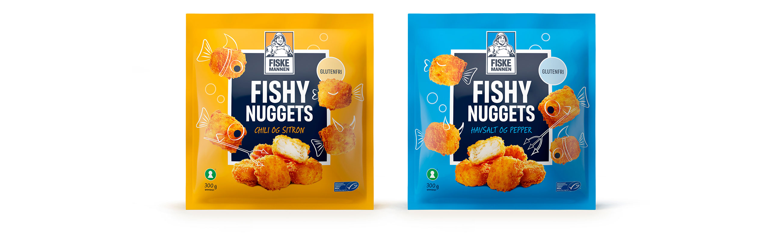 Fiskemannen Fishy nuggets, chili & sitron, havsalt & pepper. Emballasje packaging design.