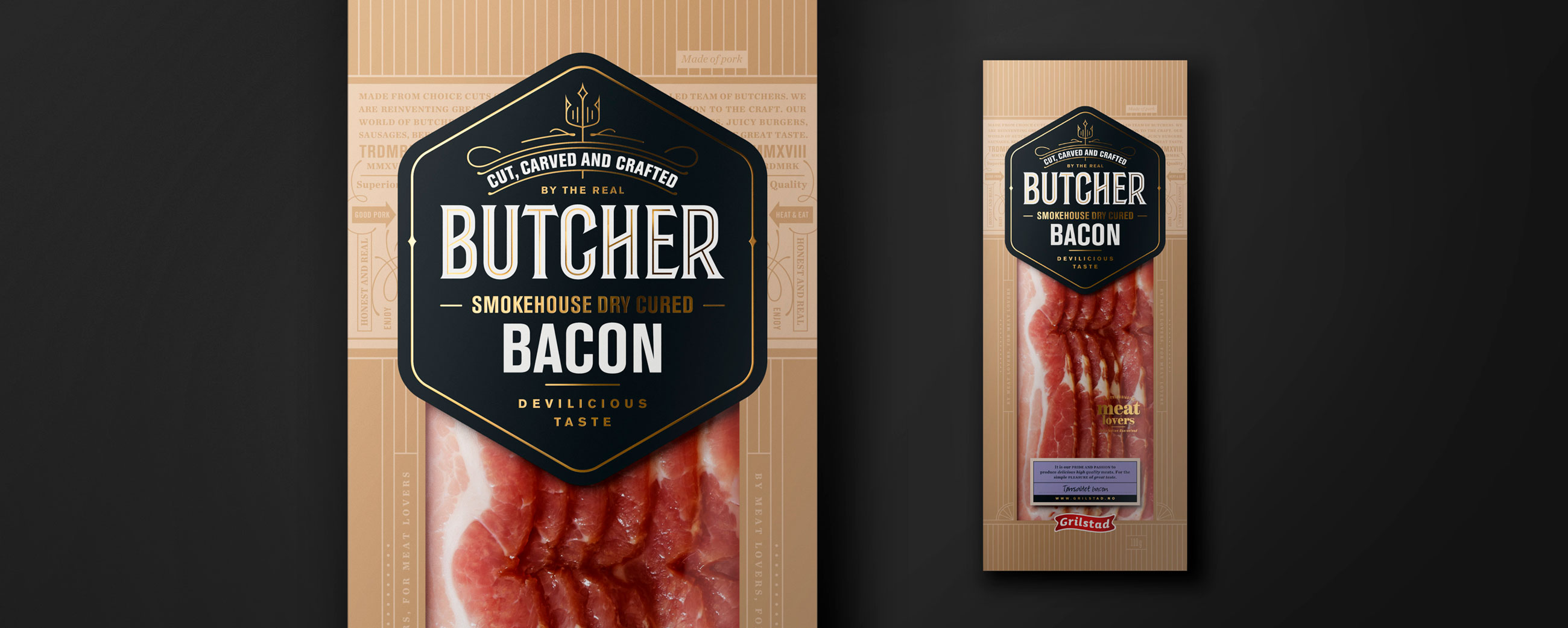 Grilstad Butcher Bacon. Emballasje packaging design.